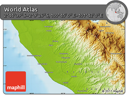 Physical Map of the Area around 2° 27' 3" S, 101° 13' 29" E