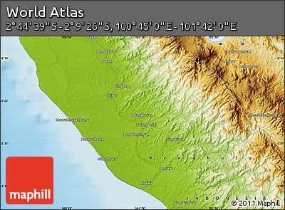 Physical Map of the Area around 2° 27' 3" S, 101° 13' 29" E