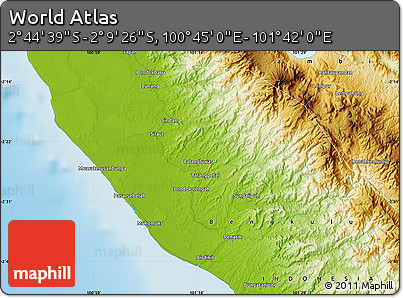 Physical Map of the Area around 2° 27' 3" S, 101° 13' 29" E