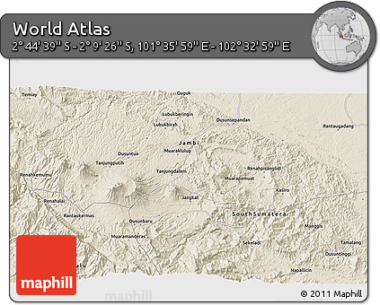 Shaded Relief 3D Map of the Area around 2° 27' 3" S, 102° 4' 29" E