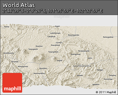 Shaded Relief 3D Map of the Area around 2° 27' 3" S, 102° 4' 29" E