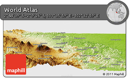 Physical Panoramic Map of the Area around 2° 27' 3" S, 102° 4' 29" E