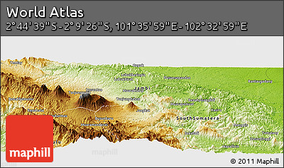 Physical Panoramic Map of the Area around 2° 27' 3" S, 102° 4' 29" E