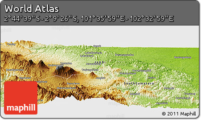 Physical Panoramic Map of the Area around 2° 27' 3" S, 102° 4' 29" E