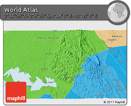 Political 3D Map of the Area around 2° 27' 3" S, 10° 16' 30" E