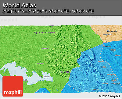 Political 3D Map of the Area around 2° 27' 3" S, 10° 16' 30" E