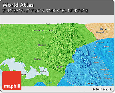 Political 3D Map of the Area around 2° 27' 3" S, 10° 16' 30" E