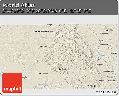 Shaded Relief 3D Map of the Area around 2° 27' 3" S, 10° 16' 30" E