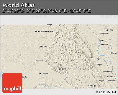 Shaded Relief 3D Map of the Area around 2° 27' 3" S, 10° 16' 30" E