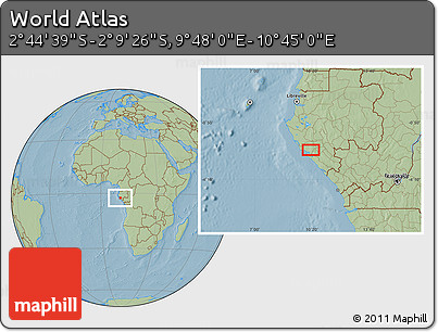 Savanna Style Location Map of the Area around 2° 27' 3" S, 10° 16' 30" E, hill shading