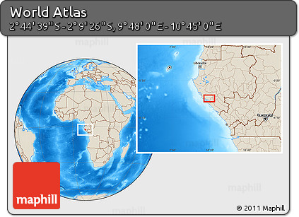 Shaded Relief Location Map of the Area around 2° 27' 3" S, 10° 16' 30" E