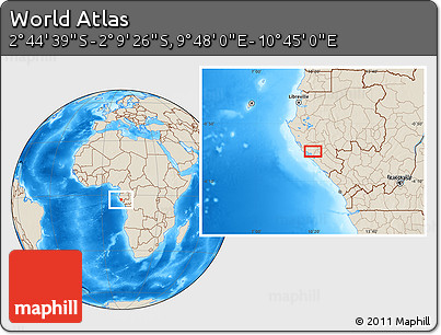 Shaded Relief Location Map of the Area around 2° 27' 3" S, 10° 16' 30" E