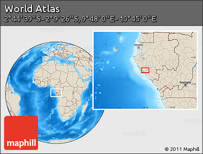 Shaded Relief Location Map of the Area around 2° 27' 3" S, 10° 16' 30" E