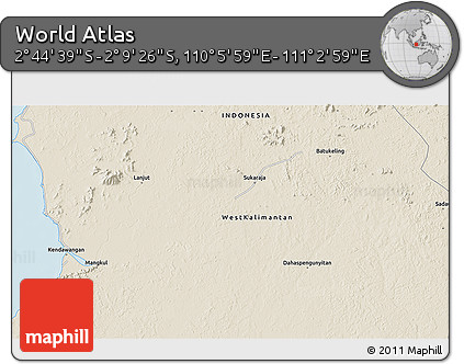 Shaded Relief 3D Map of the Area around 2° 27' 3" S, 110° 34' 29" E