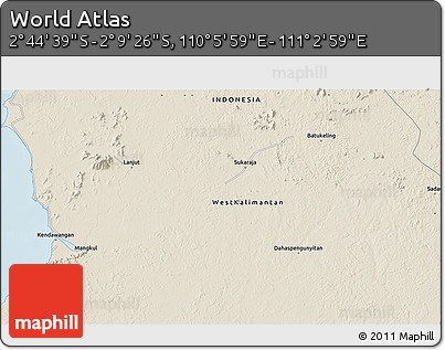 Shaded Relief 3D Map of the Area around 2° 27' 3" S, 110° 34' 29" E
