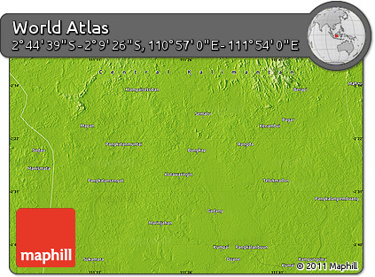 Physical Map of the Area around 2° 27' 3" S, 111° 25' 30" E