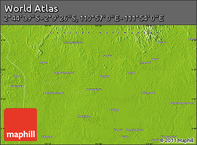 Physical Map of the Area around 2° 27' 3" S, 111° 25' 30" E