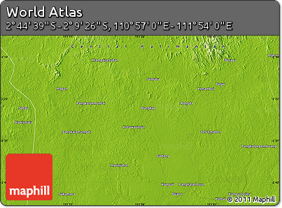 Physical Map of the Area around 2° 27' 3" S, 111° 25' 30" E