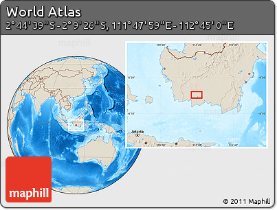 Shaded Relief Location Map of the Area around 2° 27' 3" S, 112° 16' 30" E