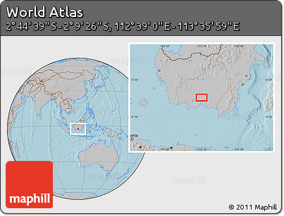 Gray Location Map of the Area around 2° 27' 3" S, 113° 7' 30" E, hill shading