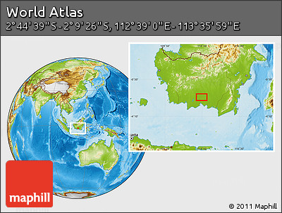 Physical Location Map of the Area around 2° 27' 3" S, 113° 7' 30" E