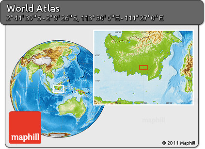 Physical Location Map of the Area around 2° 27' 3" S, 113° 58' 29" E
