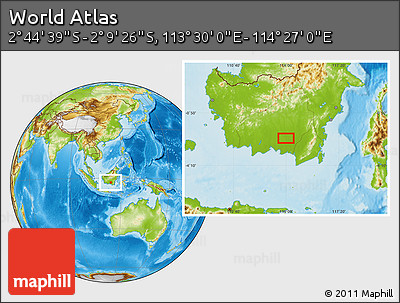 Physical Location Map of the Area around 2° 27' 3" S, 113° 58' 29" E