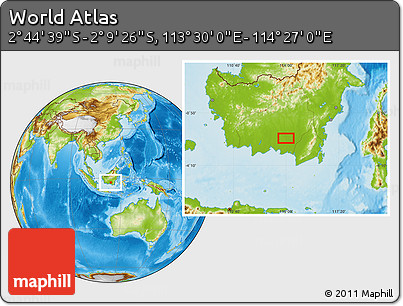 Physical Location Map of the Area around 2° 27' 3" S, 113° 58' 29" E