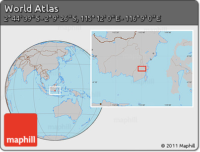 Gray Location Map of the Area around 2° 27' 3" S, 115° 40' 30" E