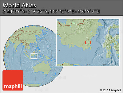 Savanna Style Location Map of the Area around 2° 27' 3" S, 115° 40' 30" E, hill shading