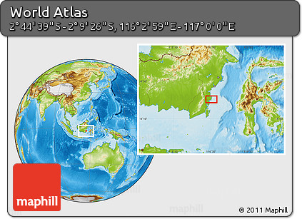Physical Location Map of the Area around 2° 27' 3" S, 116° 31' 30" E