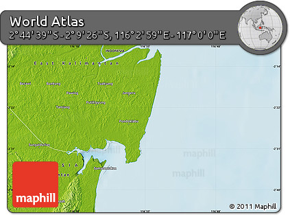 Physical Map of the Area around 2° 27' 3" S, 116° 31' 30" E