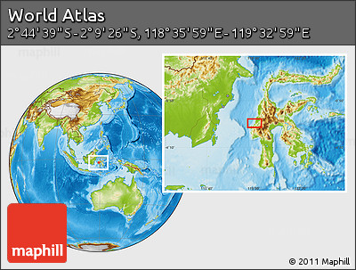 Physical Location Map of the Area around 2° 27' 3" S, 119° 4' 29" E