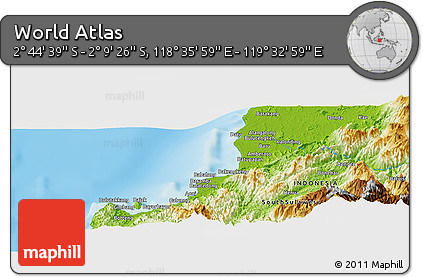 Physical Panoramic Map of the Area around 2° 27' 3" S, 119° 4' 29" E