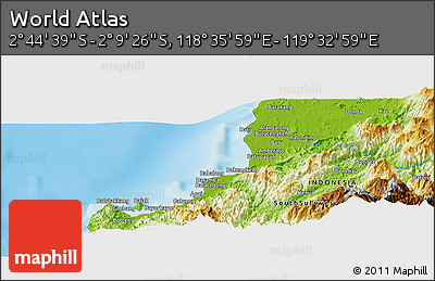 Physical Panoramic Map of the Area around 2° 27' 3" S, 119° 4' 29" E