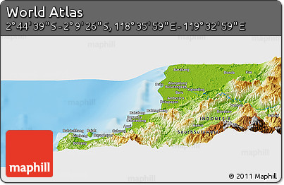 Physical Panoramic Map of the Area around 2° 27' 3" S, 119° 4' 29" E