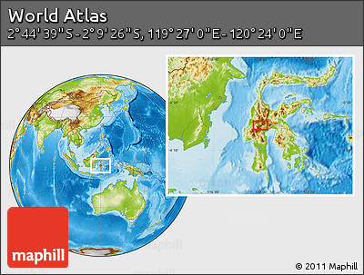 Physical Location Map of the Area around 2° 27' 3" S, 119° 55' 30" E