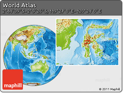 Physical Location Map of the Area around 2° 27' 3" S, 119° 55' 30" E