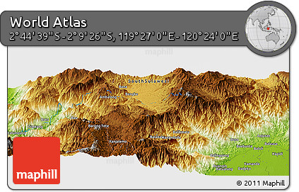 Physical Panoramic Map of the Area around 2° 27' 3" S, 119° 55' 30" E