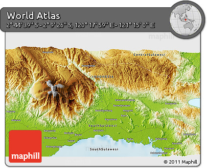 Physical 3D Map of the Area around 2° 27' 3" S, 120° 46' 30" E