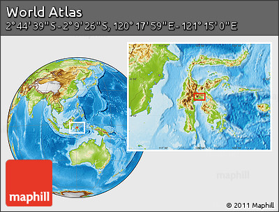 Physical Location Map of the Area around 2° 27' 3" S, 120° 46' 30" E