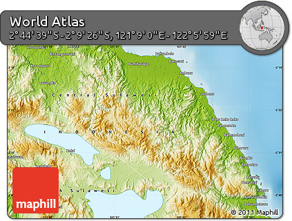 Physical Map of the Area around 2° 27' 3" S, 121° 37' 30" E