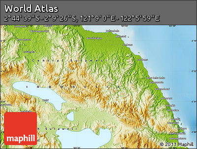 Physical Map of the Area around 2° 27' 3" S, 121° 37' 30" E