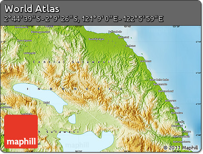 Physical Map of the Area around 2° 27' 3" S, 121° 37' 30" E