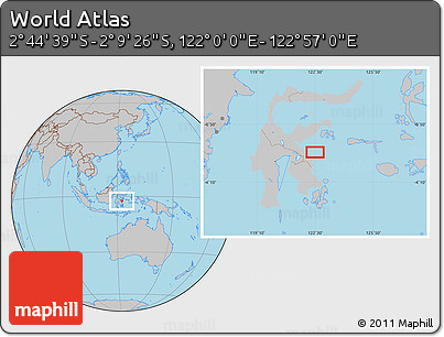 Gray Location Map of the Area around 2° 27' 3" S, 122° 28' 29" E