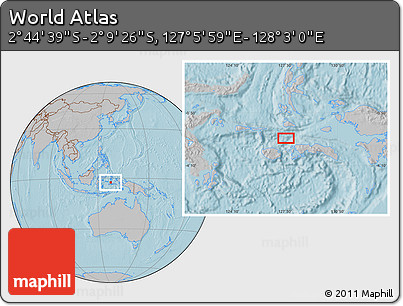 Gray Location Map of the Area around 2° 27' 3" S, 127° 34' 30" E, hill shading