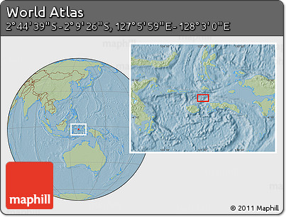 Savanna Style Location Map of the Area around 2° 27' 3" S, 127° 34' 30" E, hill shading