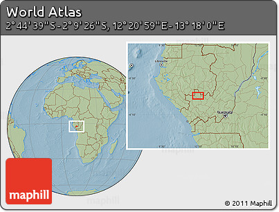 Savanna Style Location Map of the Area around 2° 27' 3" S, 12° 49' 29" E, hill shading