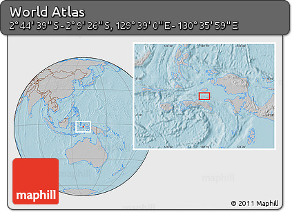 Gray Location Map of the Area around 2° 27' 3" S, 130° 7' 30" E, hill shading