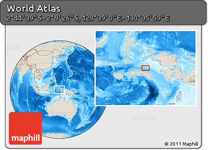 Shaded Relief Location Map of the Area around 2° 27' 3" S, 130° 7' 30" E
